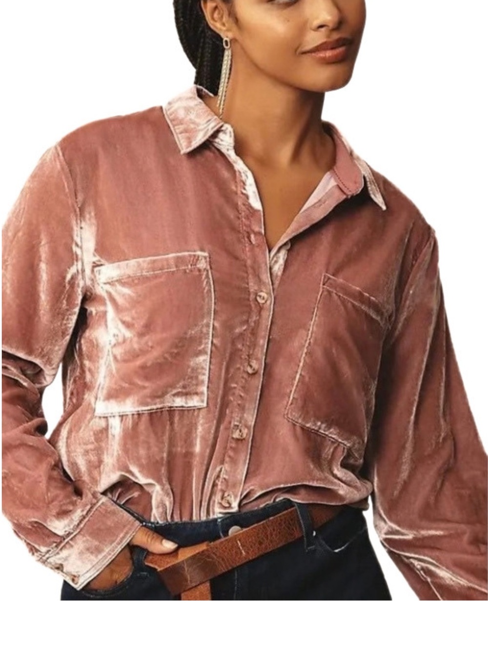 Maeve | Anthropologie Blush Pink Velvet Karina Button Up Long Sleeve Top Size 2